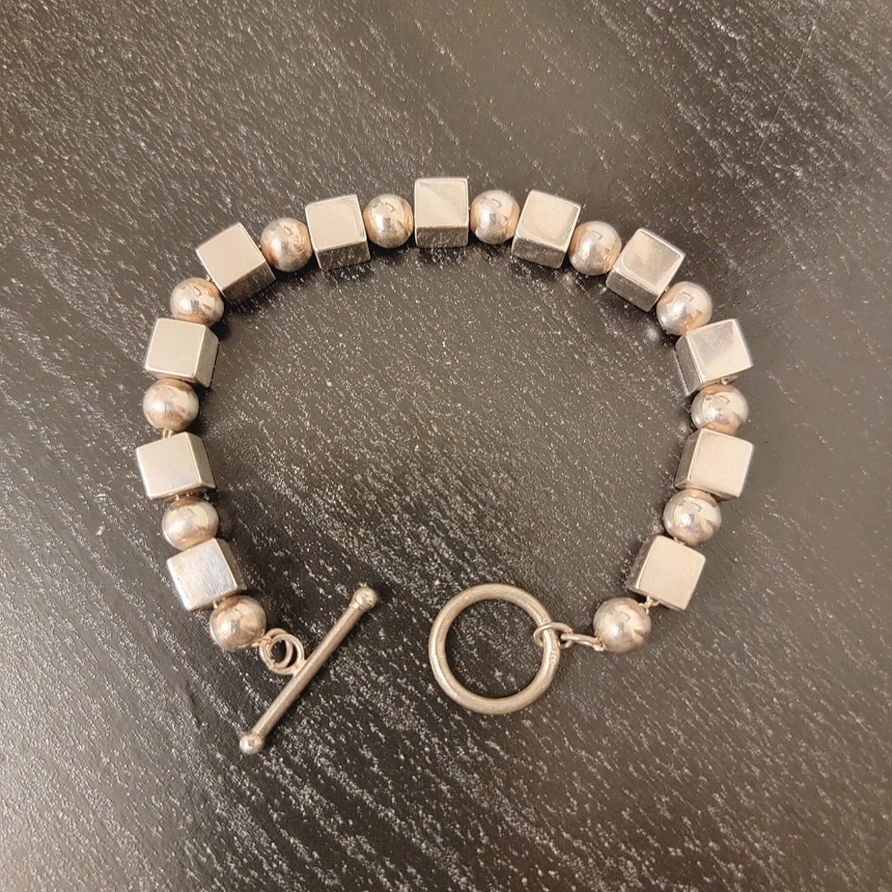 925 Silver Sterling Stamped Chain Beads Cubes Spheres Toggle Bracelet